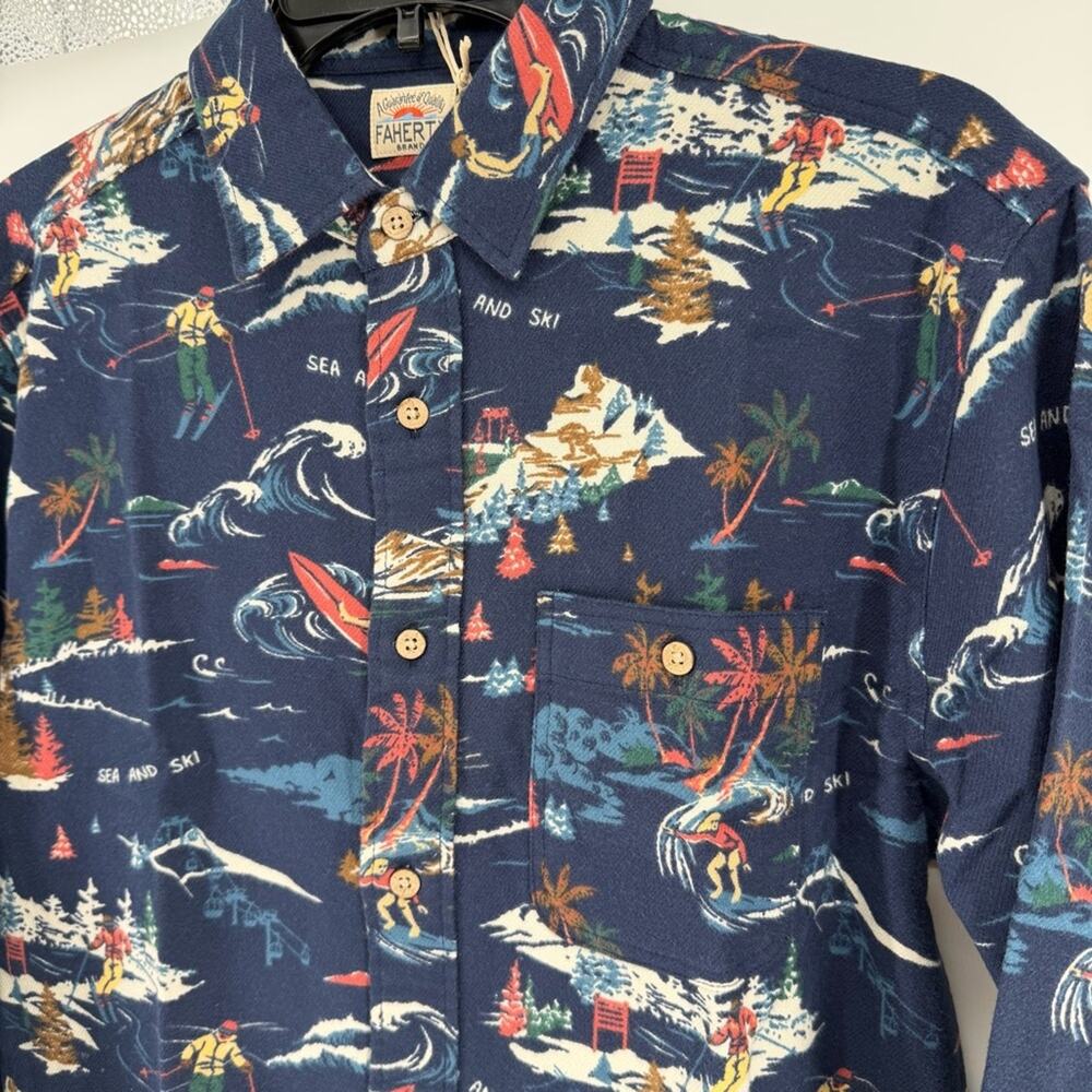 NEW Faherty Super Brushed Flannel Navy Sea and Ski Print Shirt Mens Small - Picture 5 of 7